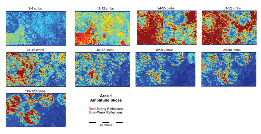 Nine GPR depth slices from Grid 1 showing different features at different depths. 