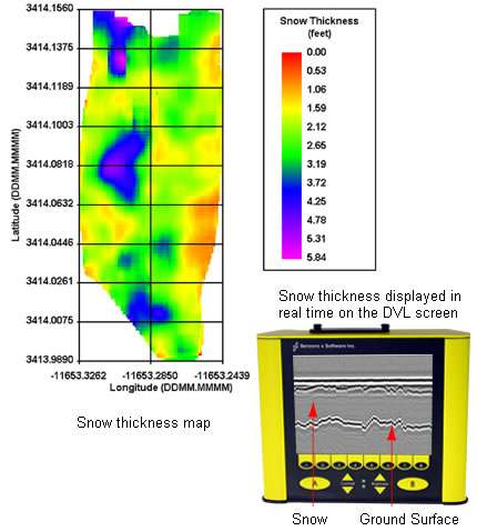 Ejemplo de visualización gráfica de señales SnowScan® GPR en el registrador de datos de campo. El funcionamiento de SnowScan con una unidad de GPS proporciona datos visualizados en un mapa de color como el que se muestra aquí usando el software para PC QuickMap.