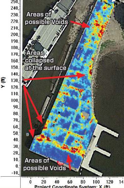 This 1-foot depth slice shows the already collapsed areas and additional areas of possible voids as strong GPR reflectors displayed as red and yellows.