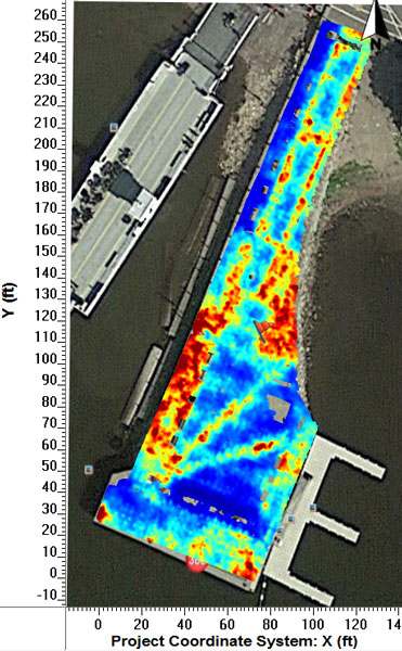 The 5.5 foot depth slice shows strong reflections from boulders and cobbles deep below the pier, under the interlocking brick. These areas showed the deepest GPR penetration.
